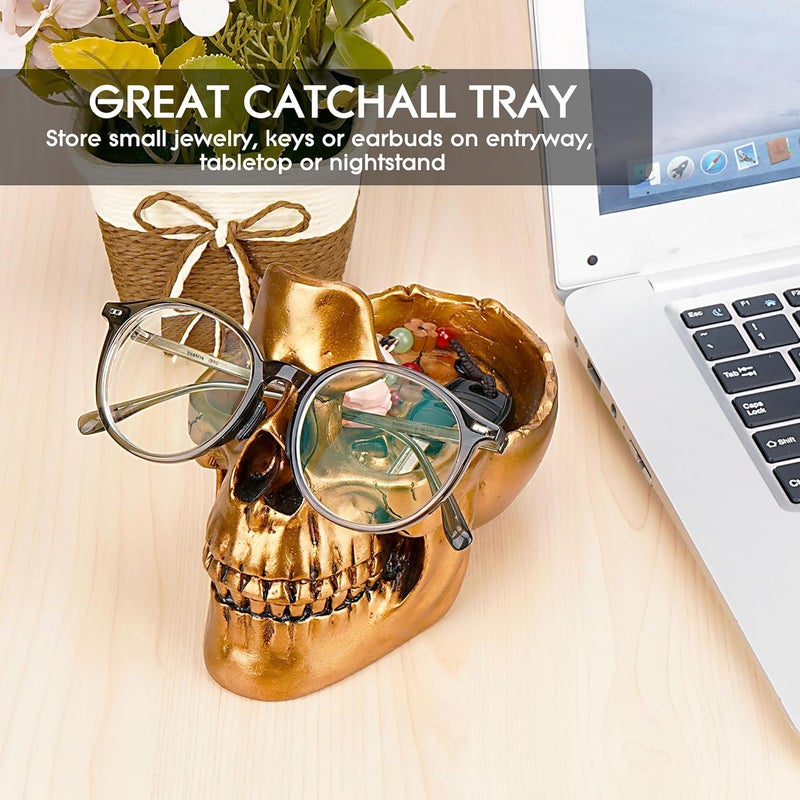 BUNCHBRAVO Skull Glasses Holder with Tray - Gothic Resin Eyeglasses Stand and Sunglasses Organizer for Entryway, Home, Office, Desk, Gold Tone - Image 5